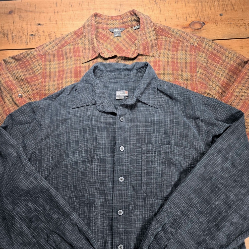 Royal Robbins Mens Lot of 2 Plaid Button Down Shirts Large Relaxed Fit Grey Rust